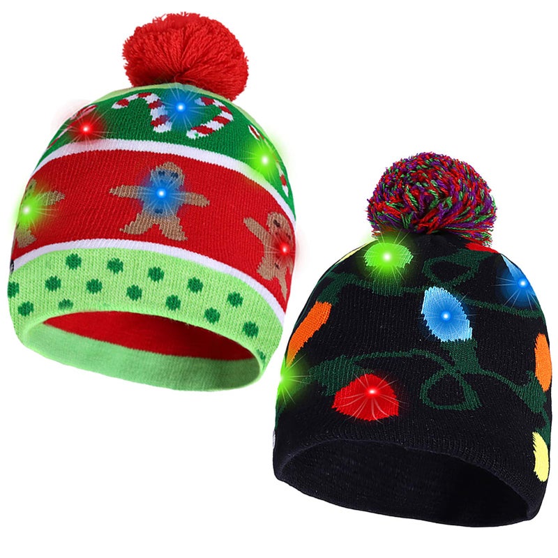 MGparty 2 Pack Christmas LED Light-up Knitted Beanie Hat Colorful with 3 Flashing Modes for Holiday Xmas Christmas Party Supplies(One Size Fits More) - Image 1